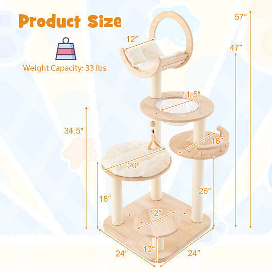 4-in-1 Large Wooden Cat Tower with Space Capsule Nest for Indoor Cats