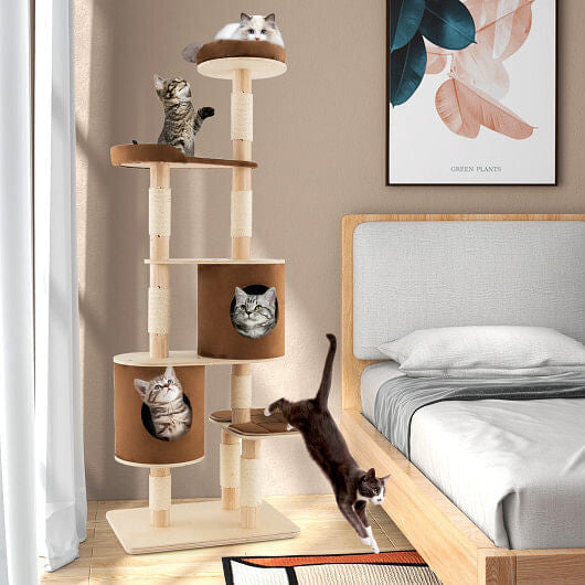 6-Tier Wooden Cat Tree with 2 Removeable Condos Platforms and Perch-Brown
