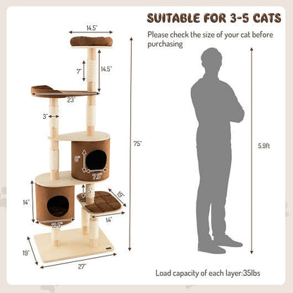 6-Tier Wooden Cat Tree with 2 Removeable Condos Platforms and Perch-Brown