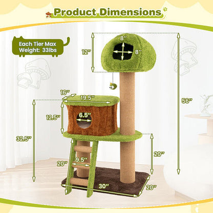 Cute Cat Tree for Indoor Cats with Mushroom-shaped Nest Condo and Climbing Ladder-Green