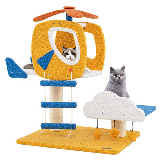 Indoor Small Aviation-themed Cat Tree Cat Tower with Helicopter Top Perch-Yellow