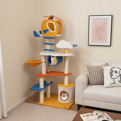 70 Inch Tall Aviation-themed Cat Tree with Helicopter Top Perch and Platforms-Yellow