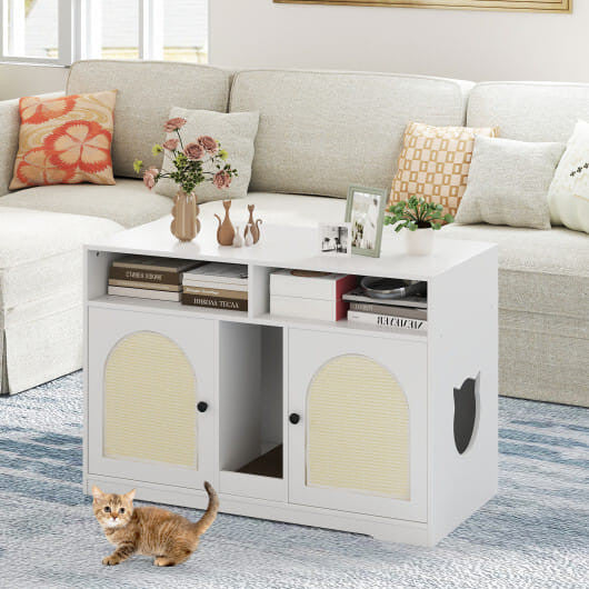 43 Inches Cat Litter Box Enclosure with Storage and Double Rooms-White