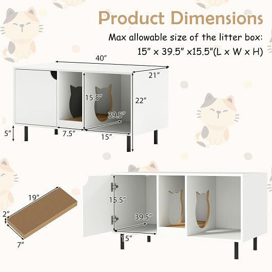 40 Inch Cat Litter Box Enclosure for 2 Cats Hidden Cat Washroom-White
