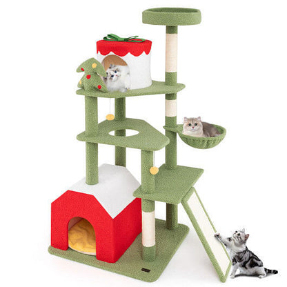 61 Inches Cute Christmas Cat Tree with Sisal Scratching Posts and 2 Condos-Green