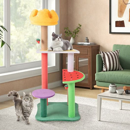 45 Inch Multi-Level Cat Tree with Plush Padded Top Perch and Fruit-Shaped Platforms