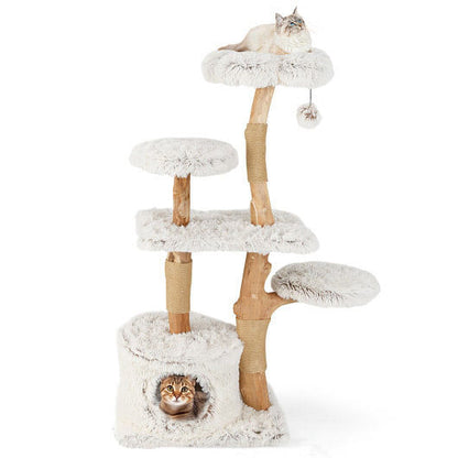 Modern Cat Tree 53 Inch Tall Natural Branch Wooden Cat Tower with Jute Scratching Posts-White