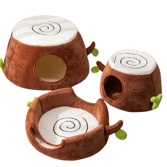 NNEDSZ M Convertible Tree Stump Cat Bed - Foldable, Dual-Use, Four-Season Pet Nest with Double Doors-0