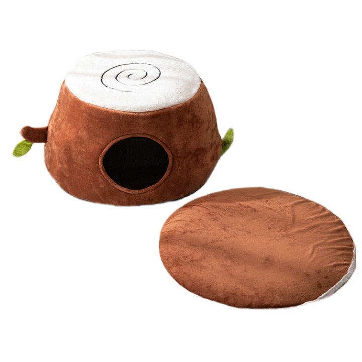 NNEDSZ M Convertible Tree Stump Cat Bed - Foldable, Dual-Use, Four-Season Pet Nest with Double Doors-1